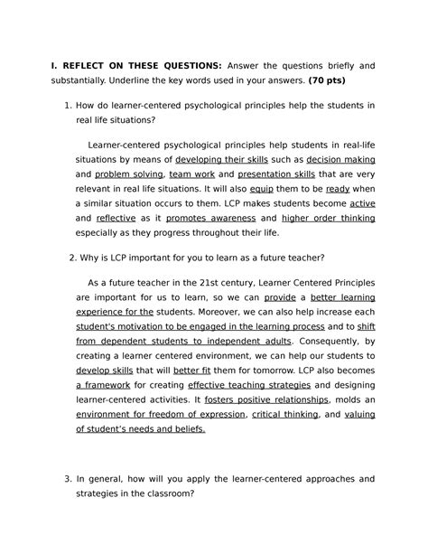 LEARNER CENTERED PEDAGOGY - I. REFLECT ON THESE QUESTIONS: Answer the ...