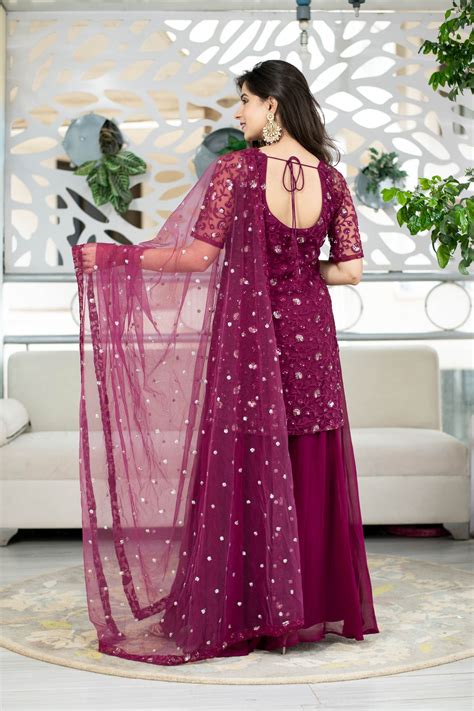 Buy online in India | Wine Thread work Kurta With Palazzo Set | Label ...