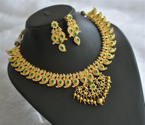 Gold tone ad white-green stone mango necklace set dj-46492 – dreamjwell