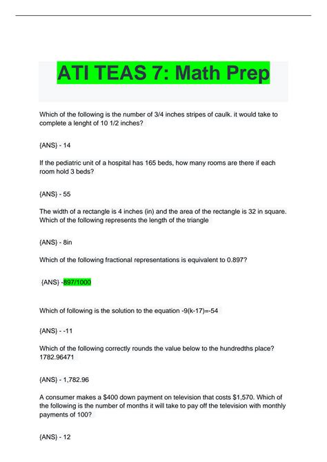 SOLUTION: Ati teas 7 math prep questions with answers - Studypool