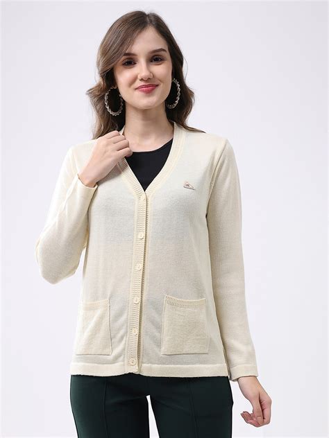 Buy Women Off White Solid V Neck Full Sleeve Cardigan Online in India ...