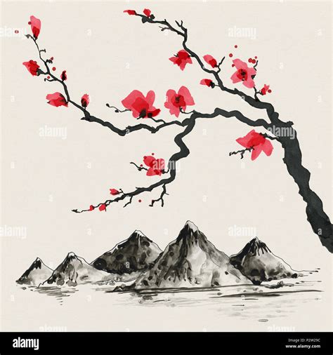 Mountains in Japanese painting style. Traditional Beautiful watercolor ...