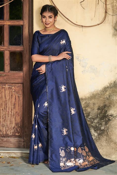 Buy Navy Blue Silk Saree 33637 Online | Karagiri