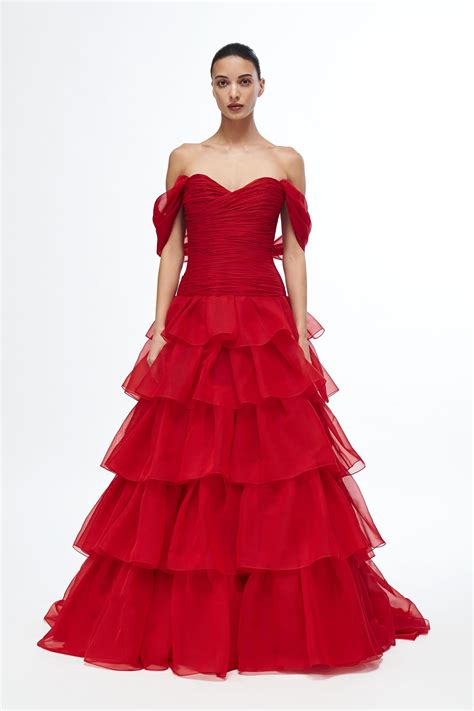 Off shoulder drop waisted fluted gown with tiered hem – Gauri and Nainika