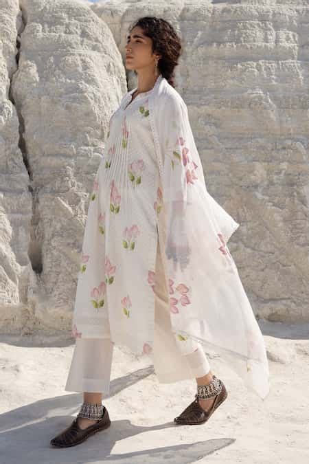 Buy White Cotton, Kota Doria Mandarin Collar Hand Painted Kurta Pant ...