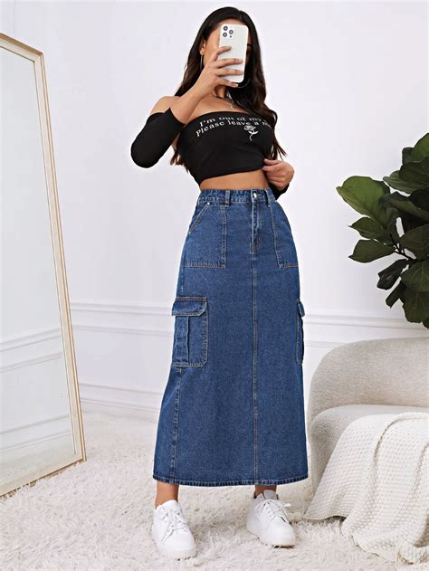 High Waist Flap Pocket Denim Skirt | Skirt and top outfit, Cute outfits ...
