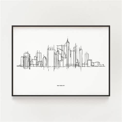 New York City Skyline Sketch, Minimalist Black and White Cityscape ...