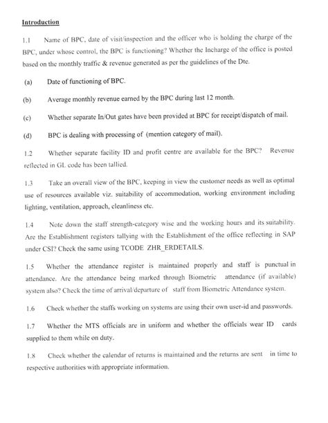 Revised Inspection Questionnaire for inspection of Business Post ...