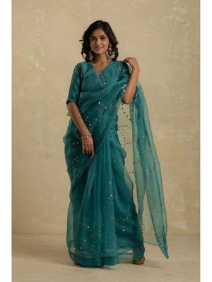 Buy Charkhee Turquoise Organza Saree With Smocking Blouse Online