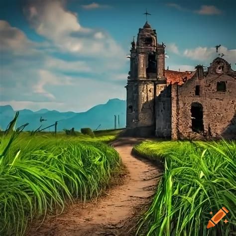 Sugar cane field with ruins of old spanish church on Craiyon