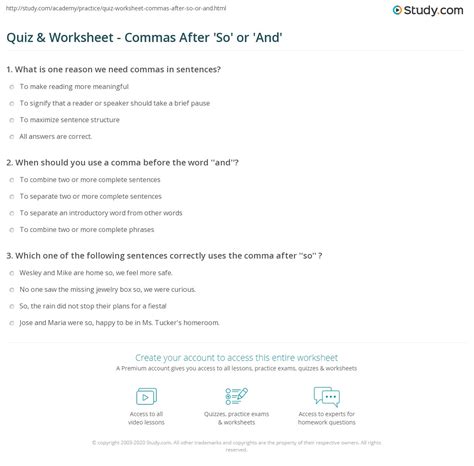 Quiz & Worksheet - Commas After 'So' or 'And' | Study.com