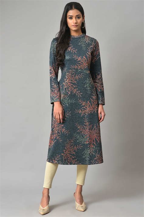 Buy Dark Blue Light Festive Jacquard Winter kurta @ 4999 | W for woman ...