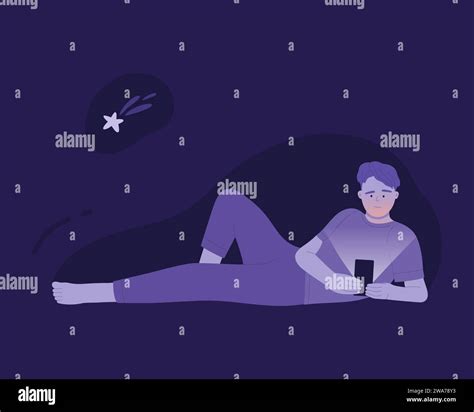Sleepless boy lying awake in bed. Bad night habit of using smartphone cartoon vector ...