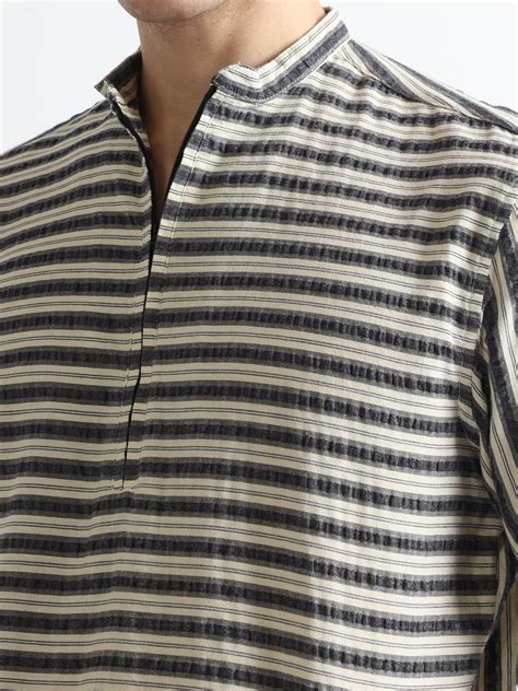 Buy black zipper front open chinese collar men's striped shirt
