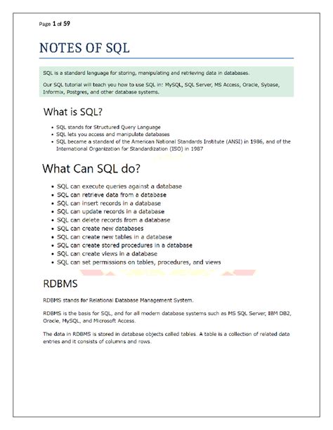 Notes OF SQL - Summary Be-Cse - NOTES OF SQL SQL Select statement SQL ...