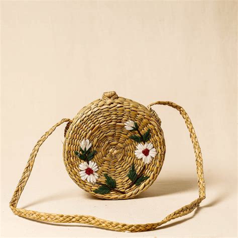 Beige Handcrafted Natural Water Reed Embroidered Sling Bag