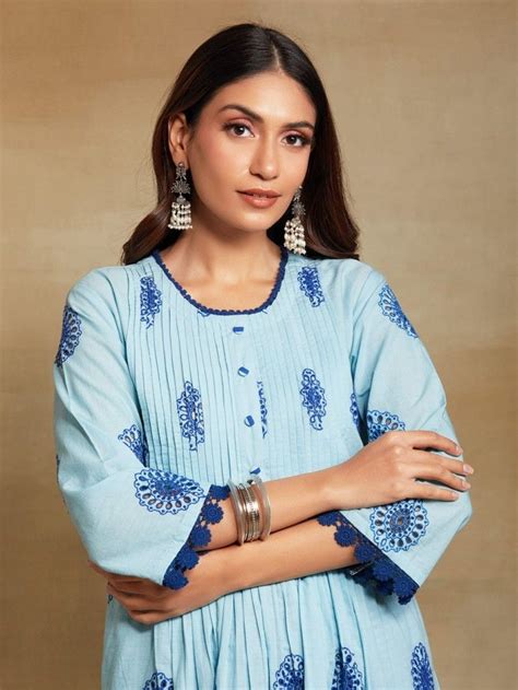 Buy Blue Embroidered Cotton Kurta with Striped Pants- Set of 2 ...