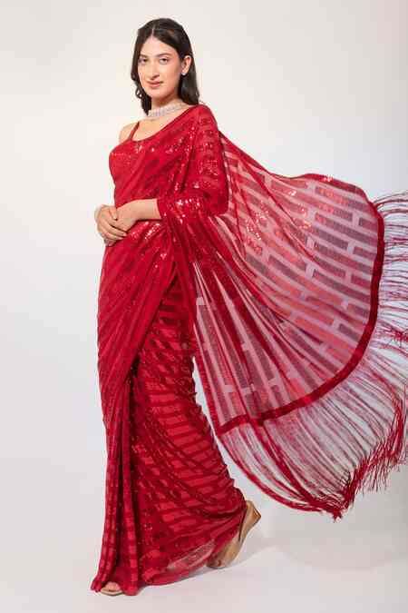 Buy Rouje Red Sequin Embellished Saree With Blouse Online | Aza Fashion.