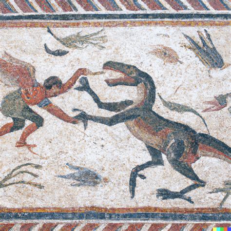 1st century Roman mosaic, with a dinosaur fighting a gladiator : r/dalle2