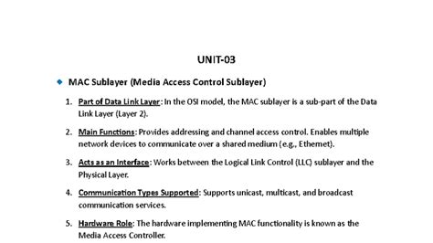 MAC Sublayer Overview and Functions in Data Link Layer (CS101) - Studocu