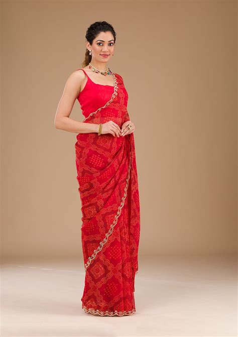 Buy Red Printed Georgette Saree - Koskii