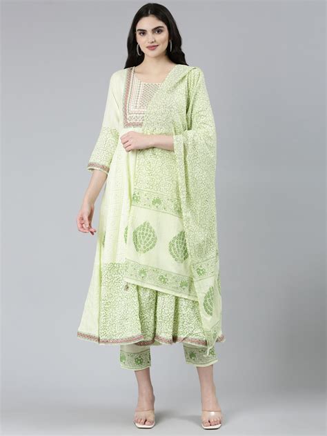 Neeru's Green Regular Straight Floral Kurta Sets And Trousers With Dup ...