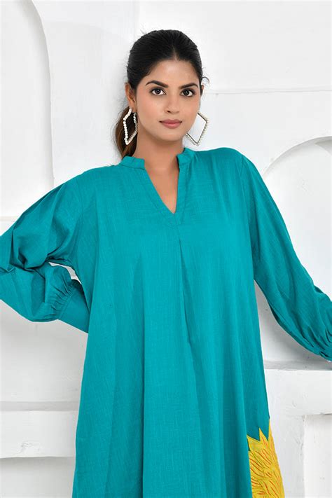Turquoise Sunflower Embroidery Shirt Dress – thesaffronsaga
