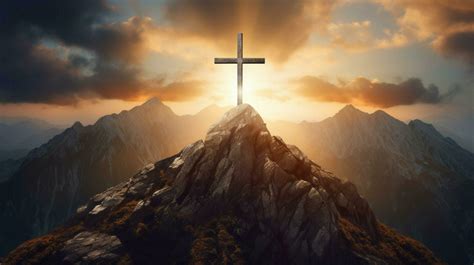 a cross on a mountain with the sun shining on it 32932649 Stock Photo ...