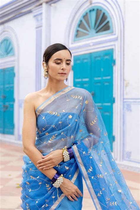 Blue Pure Kota Silk Handcrafted Gota Patti Saree – Geroo Jaipur