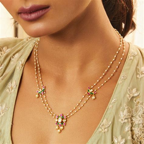 Discover Malini Gold Plated Jadau and Pearl chain Short Necklace ...