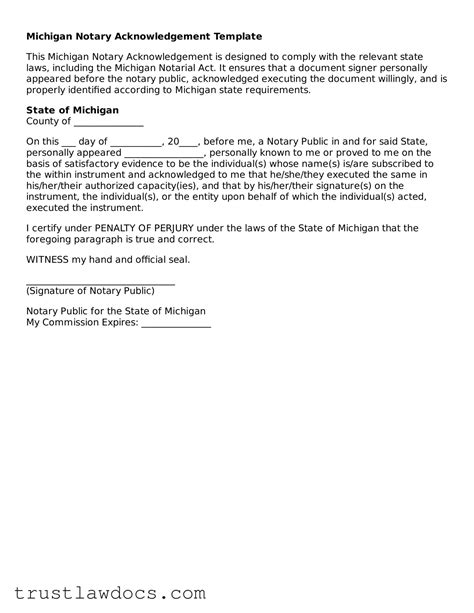 Free Michigan Notary Acknowledgement PDF Form > trustlawdocs.com
