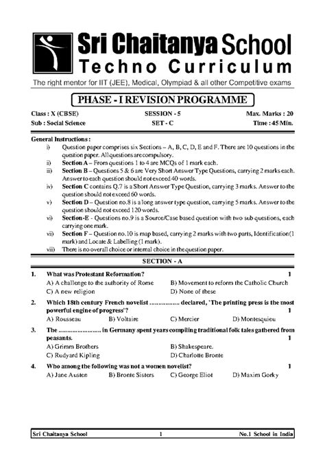 Social Science (CBSE) Phase - I Session - 5 Set - C QP - Sri Chaitanya ...