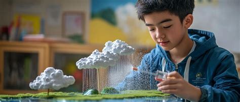 Young student demonstrating water cycle model | Premium AI-generated image