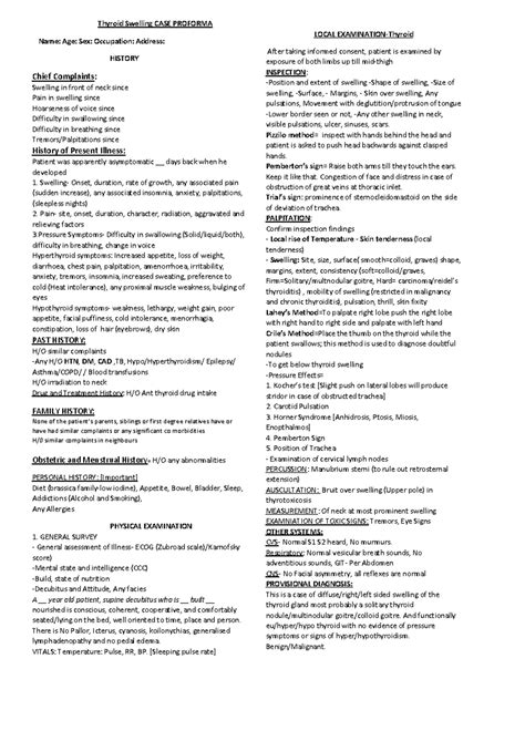 Thyroid Swelling Case Proforma: Clinical Assessment & Diagnosis - Studocu