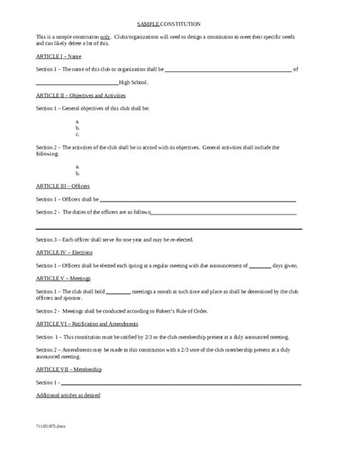 Sample Club Constitution Template - Blank Fillable Template | Fill Out ...