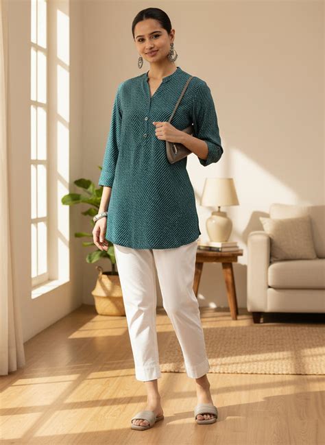 Green Geometric Printed Mandarin Collar Tunic – Amukti - The Women's ...