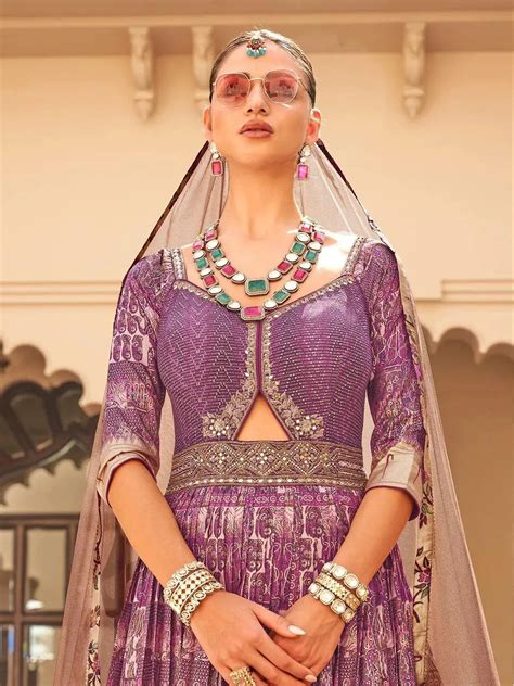 Purple Silk Lehenga Style Gown choli Set With Net Dupatta & Embroidered ...