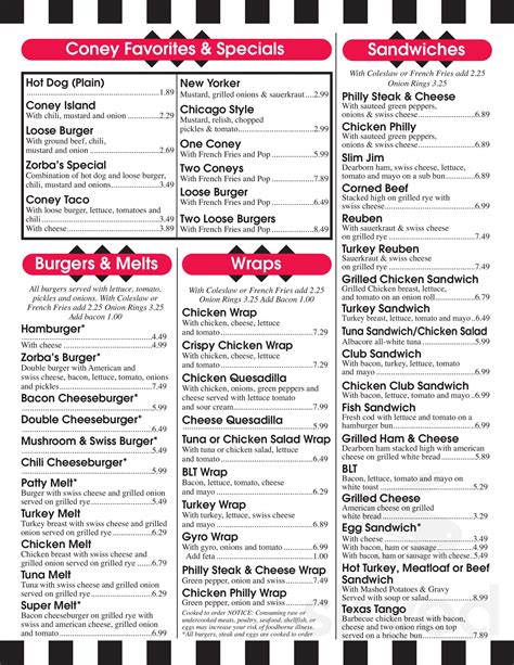 Zorba's Coney Island menu in Flat Rock, Michigan, USA