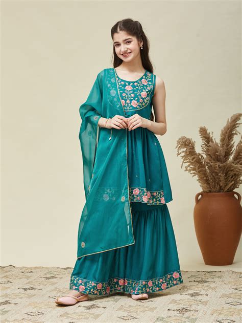 Buy Rama Silk Embroidered Sharara Set With Dupatta for Girl