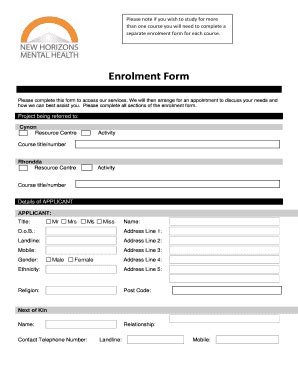Fillable Online newhorizons-mentalhealth co Enrolment Form - New ...