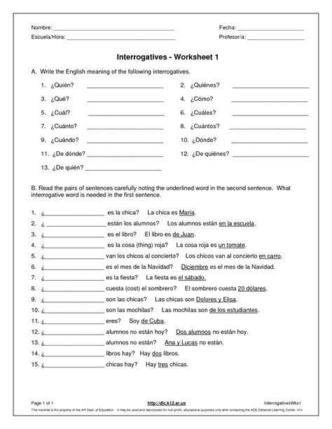 8th Grade Spanish Worksheet - Printable PDF Template