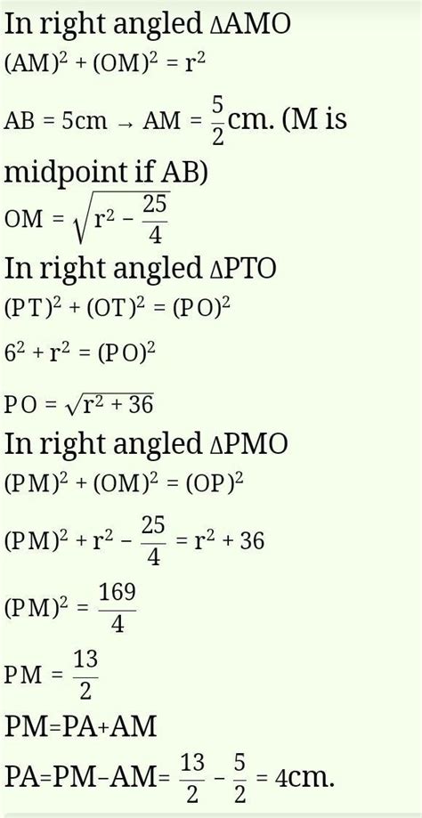 In given figure PT is a tangent and PAB is a secant. If PT= 6cm and AB ...