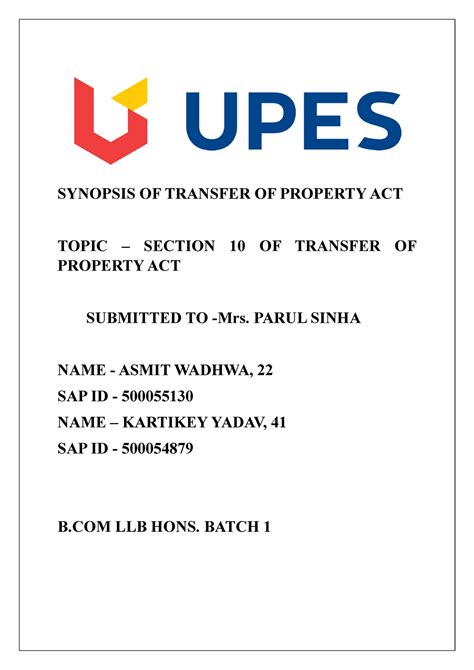 Synopsis OF TPA - assignment. - SYNOPSIS OF TRANSFER OF PROPERTY ACT ...