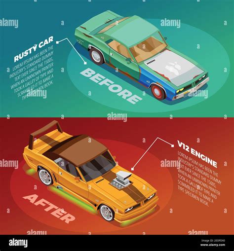 Car appearance and performance tuning 2 posters set with before and after vehicles images ...