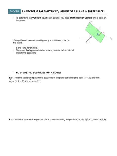 8.4 Vector and Parametric Equations of A Plane in 3 Space | PDF