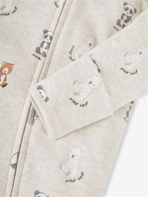 Stone Grey Bear Print Zip Cotton Baby Sleepsuit | JoJo Maman Bébé