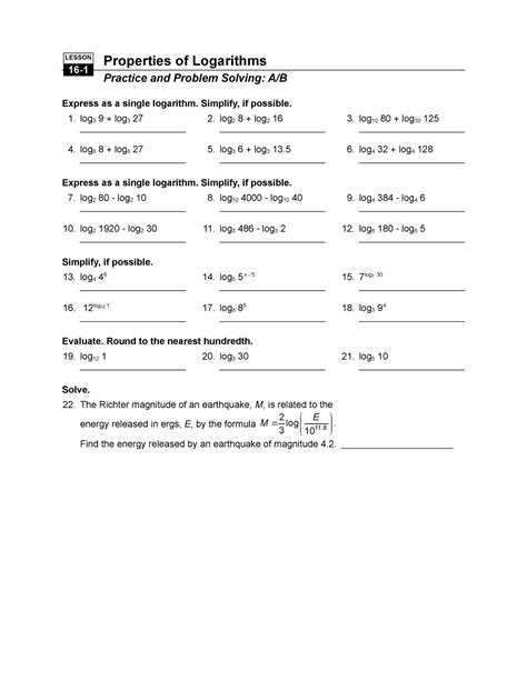 NA Practice U6M16L01 AB TE - Properties of Logarithms Practice and ...