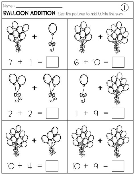 Addition With Pictures Sum up to 20 Worksheets - Adding Balloon ...