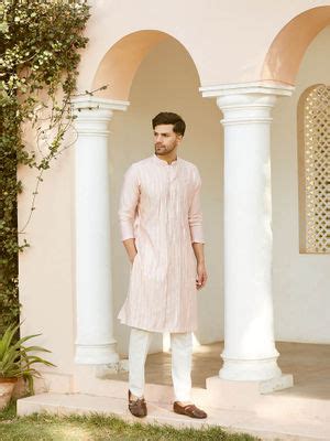 Buy See Designs Men Pink and Gold Chanderi Silk Sequins Kurta with ...