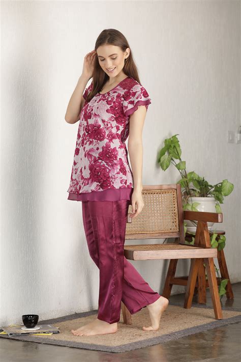 Buy Floral Print Chiffon & Satin Night Suit By Private Lives